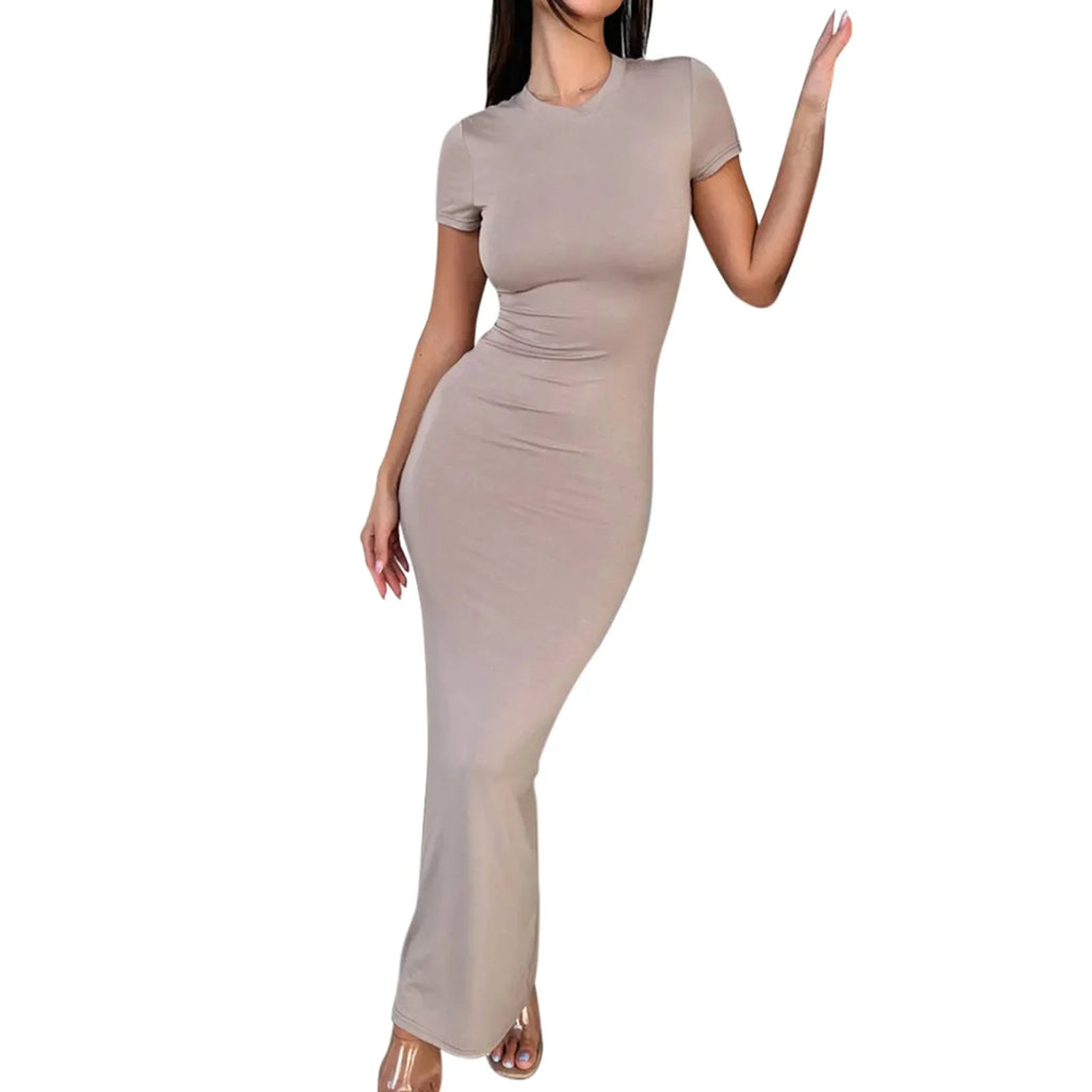 Sexy Skinny Women's Bodycon Party Casual Fashion O-neck Short Sleeve Solid Color Wraped Hip Package LongFemale Sexy Fit Dresses