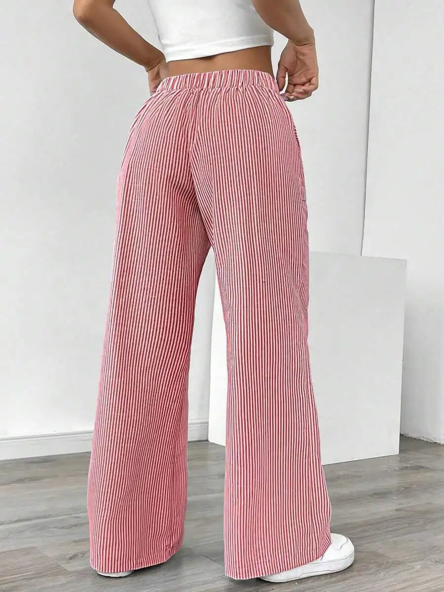 Summer Striped Wide Leg Pants Women High Waisted  Drawstring Loose Fit Slimming Casual Straight Leg Harem Pants Female Trousers