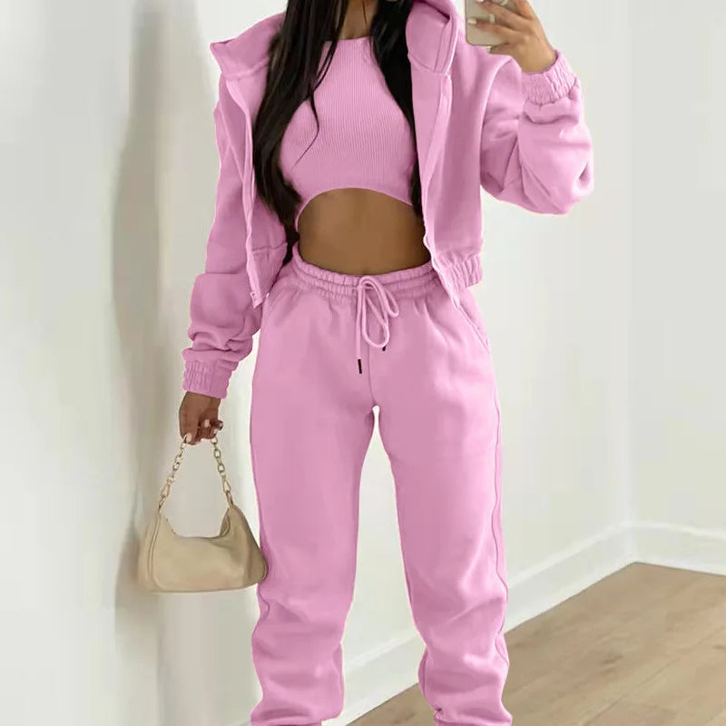 Ladies Tracksuit Zippered Hooded Jogger Tracksuit Thermal Lined Trousers Tracksuit Fashionable Athleisure Cozy Ensemble