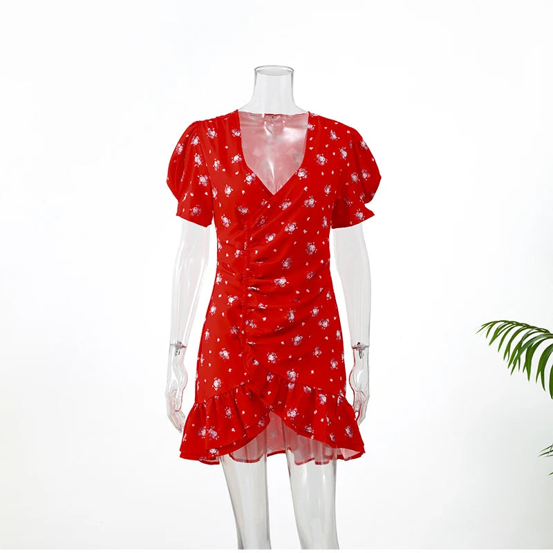Elegant Print Low-cut Ruffle Short Dress Women V-neck Short-sleeved Waist Cinching Pleated Mini Dresses Casual Party Vestidos