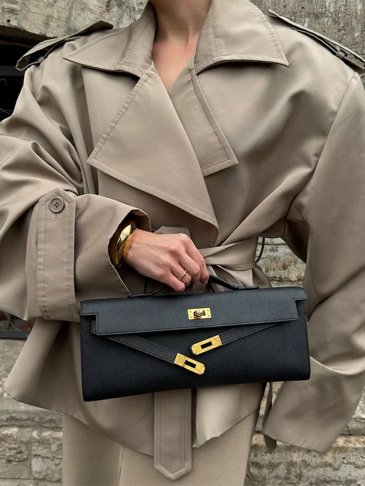 Khaki Lace Up Cape Trench Coat Loose Solid Full Sleeve Lapel Windbreaker 2026 Autumn New Fashion Commute Casual Daily Coats
