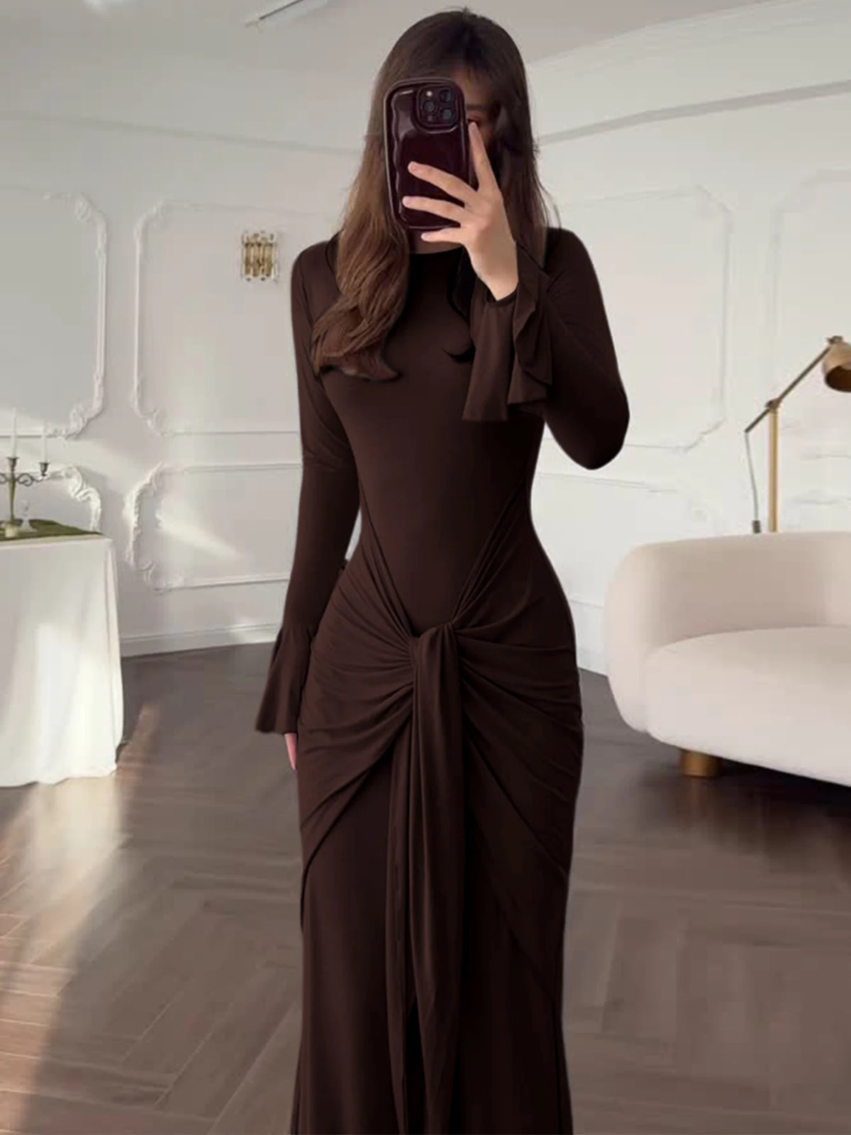 Dulzura O-Neck Long Flare Sleeve Ruched Lace Up Slim Long Dress Women'S Fashion Elegant Clothes Party Club Street Autumn Outfit