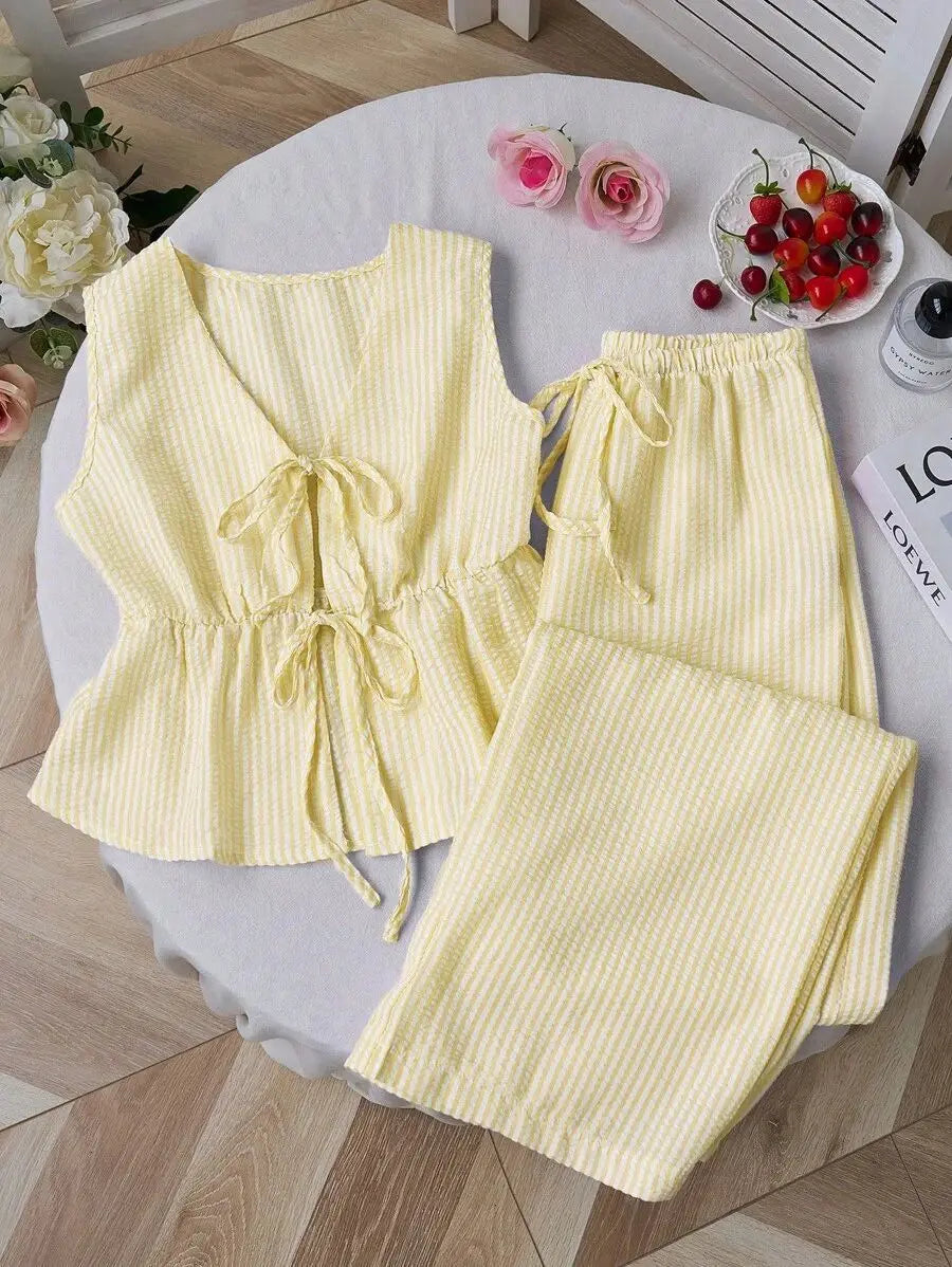 Summer Solid Color Tie Pants Set Stripe Casual Sweet Versatile Loose Comfortable Vacation Daily Two Piece Set