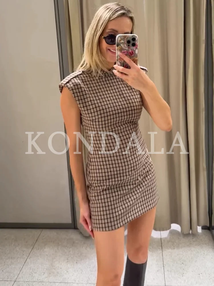 KONDALA Women Elegant Plaid Jumpsuit Dresses Vintage Chic Slim Sleeveless Mini Dress New 2026 Autumn Trendy Casual Classic Dress
