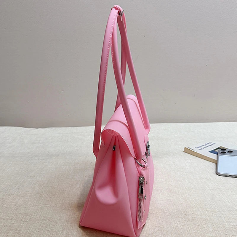 Korean Style Flap Jelly Tote Bag Large Capacity Commuter Shoulder Bag Underarm Handbag Soft Candy Color Casual Daily Work Bag