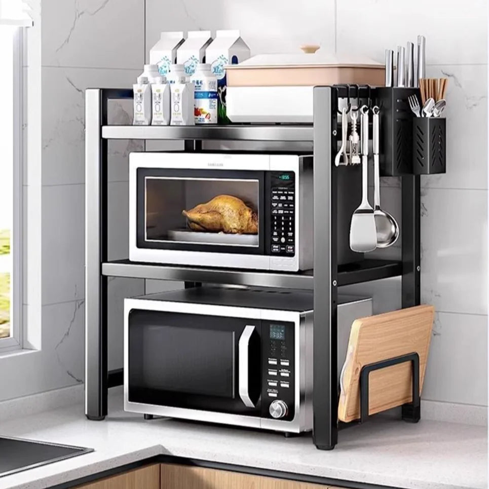 Expandable Kitchen Storage Rack Double Layer Microwave Oven Stand Countertop Holder for Rice Cooker Kitchen Organizer