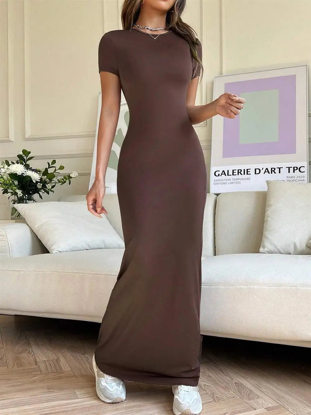 Sexy Slim Fit Short Sleeve round Neck Dress Pure Color Long Dress for Women LinJ2026 Casual European Style mid Waist Skirt