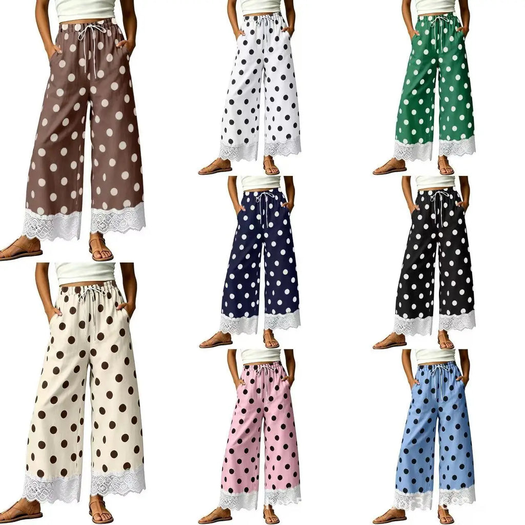 Ladies' Casual Wide Leg Pants, Thin and Sweet, Nine PointWide LegPants, Loose ElasticWaisted Lace Pants, Women's Polka Dot Cheap
