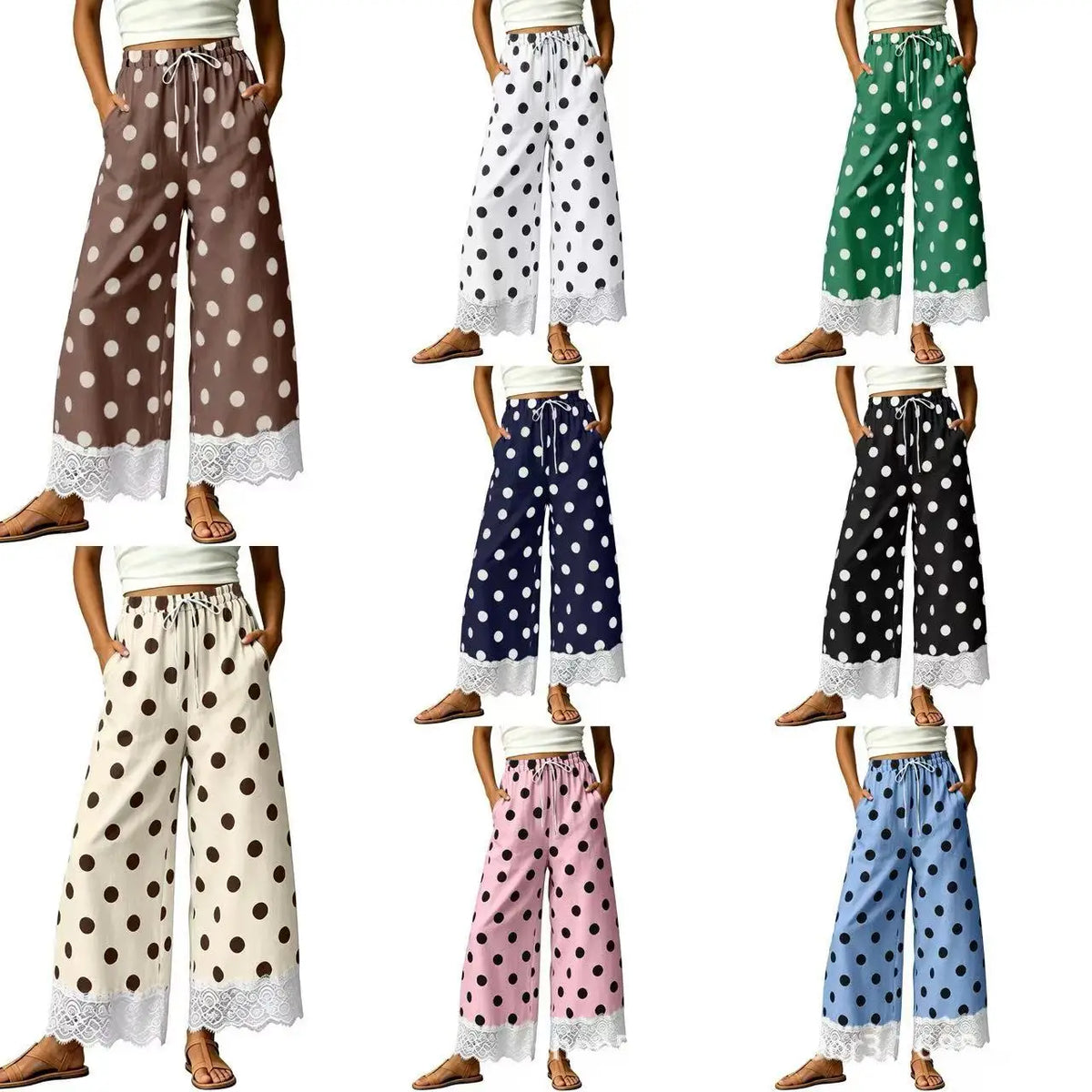 Ladies' Casual Wide Leg Pants, Thin and Sweet, Nine PointWide LegPants, Loose ElasticWaisted Lace Pants, Women's Polka Dot Cheap