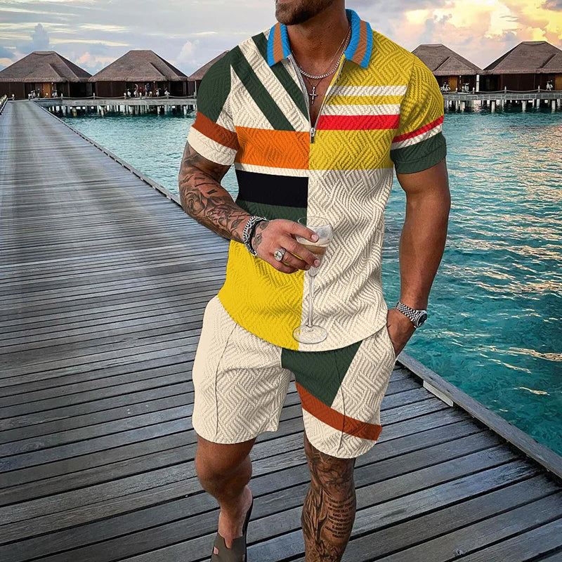 Men Zipper Polo Shirt Suit 2 Pcs Tracksuit Summer 3D Print Beach Boho Geometric Style Holiday Clothing Ensembles De Sport