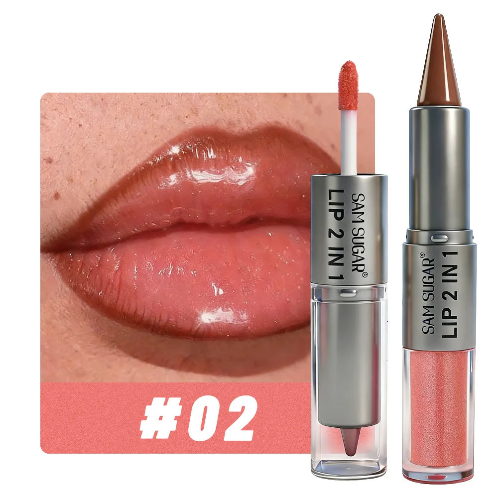 2 in 1 Lip Liner & Lip Gloss, Dual Ended Hydrating Non Stick Lipstick, Matte Velvet Outline Crayon with Shiny Plumping Lip Glaze