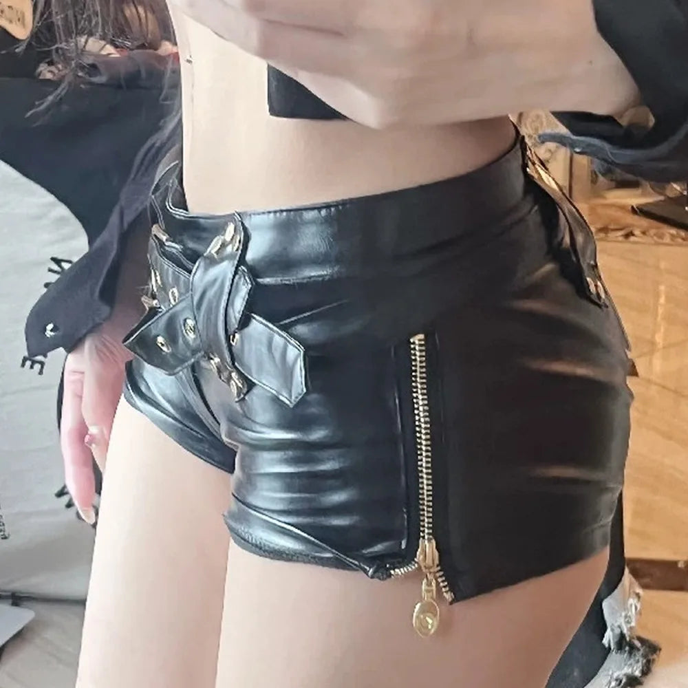 Fashionable Pu Leather Belt Ultra Shorts Boots Low Waist Spice Girl Y2k Dressing Shorts Sexy Vintage Short Pants Women's