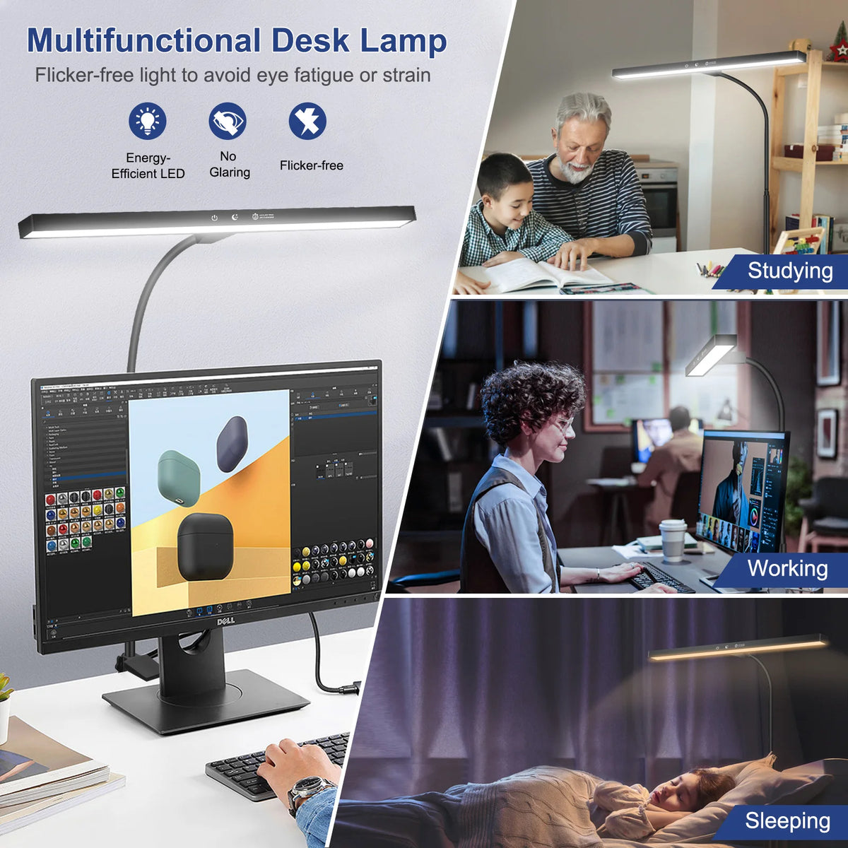 NEWACALOX EU/US 12V 24W Touch Control Desk Lamp with Clamp 360° Adjustable Gooseneck 3 Colors Table Light for Home Office Study