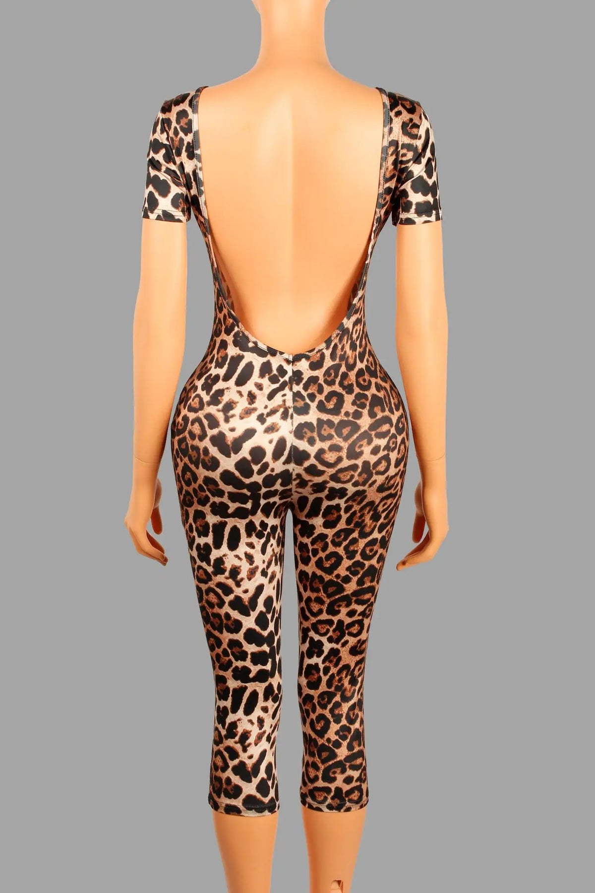 Custom LOGO women's clothing 2025 summer new leopard print short-sleeved backless slim-fitting fashion jumpsuit