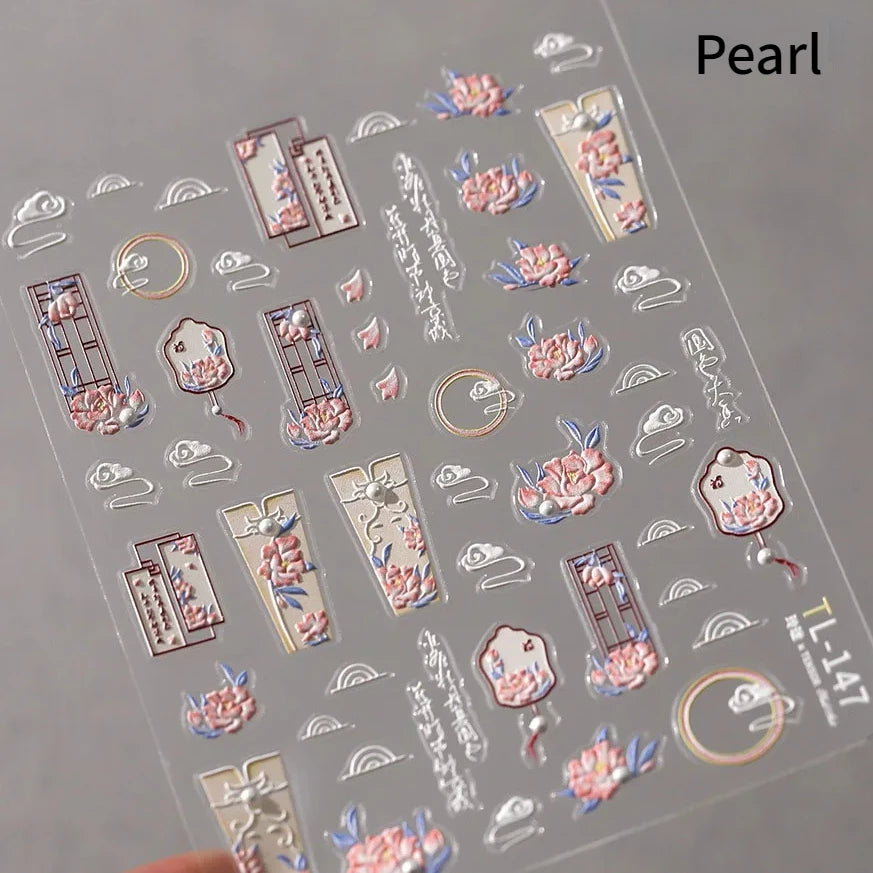Elegant Chinese Charm Shiny Nine-tailed Fox Mask Red Equinox Flowers Tragedy Love Soft Reliefs Nail Art Stickers Manicure Decals