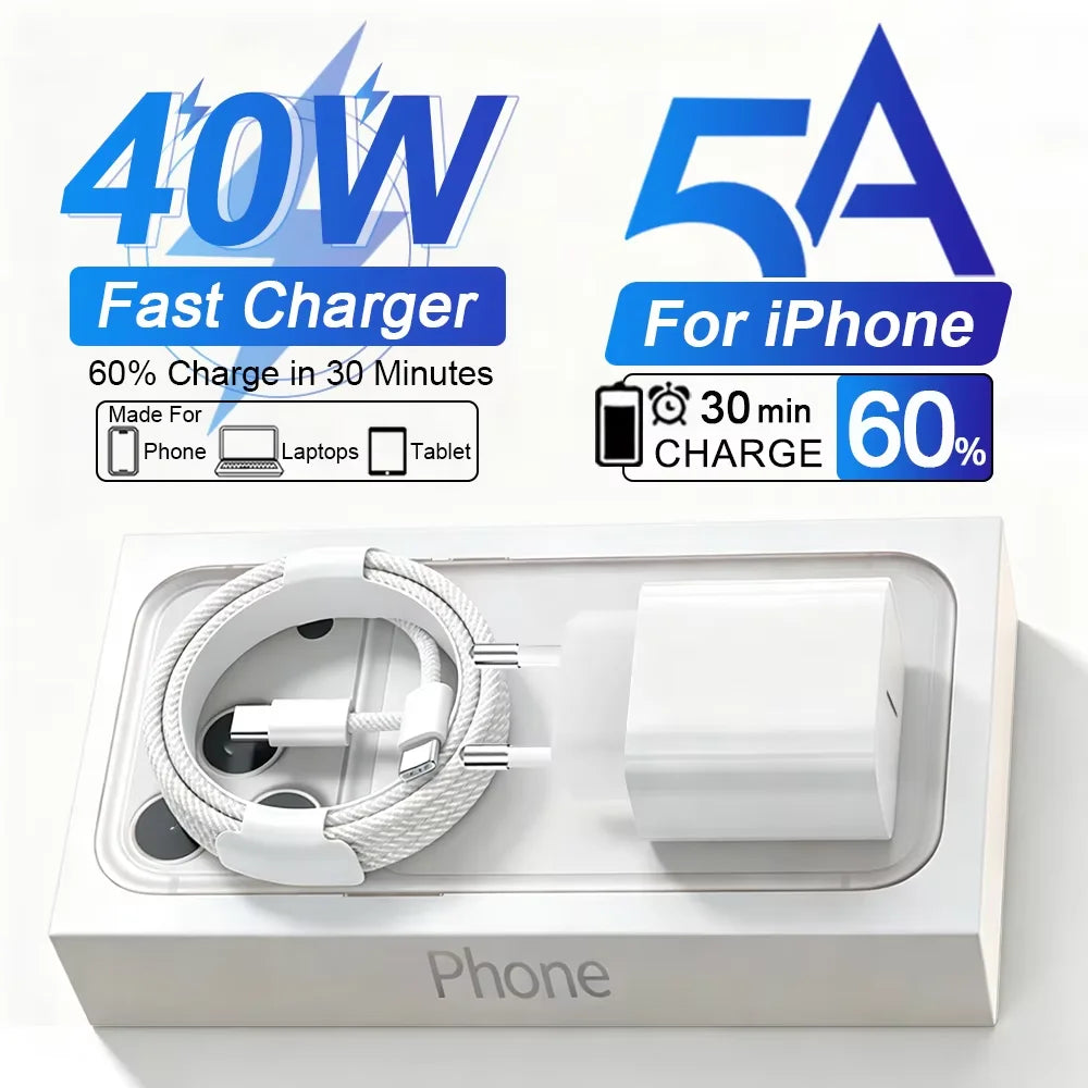 Original 40W Fast Charger Type C Adapter For iPhone 18 Pro Max 17 Pro Max Duo 17 Air 15 14 13 12 16 Pro Max USB C Charging Cable