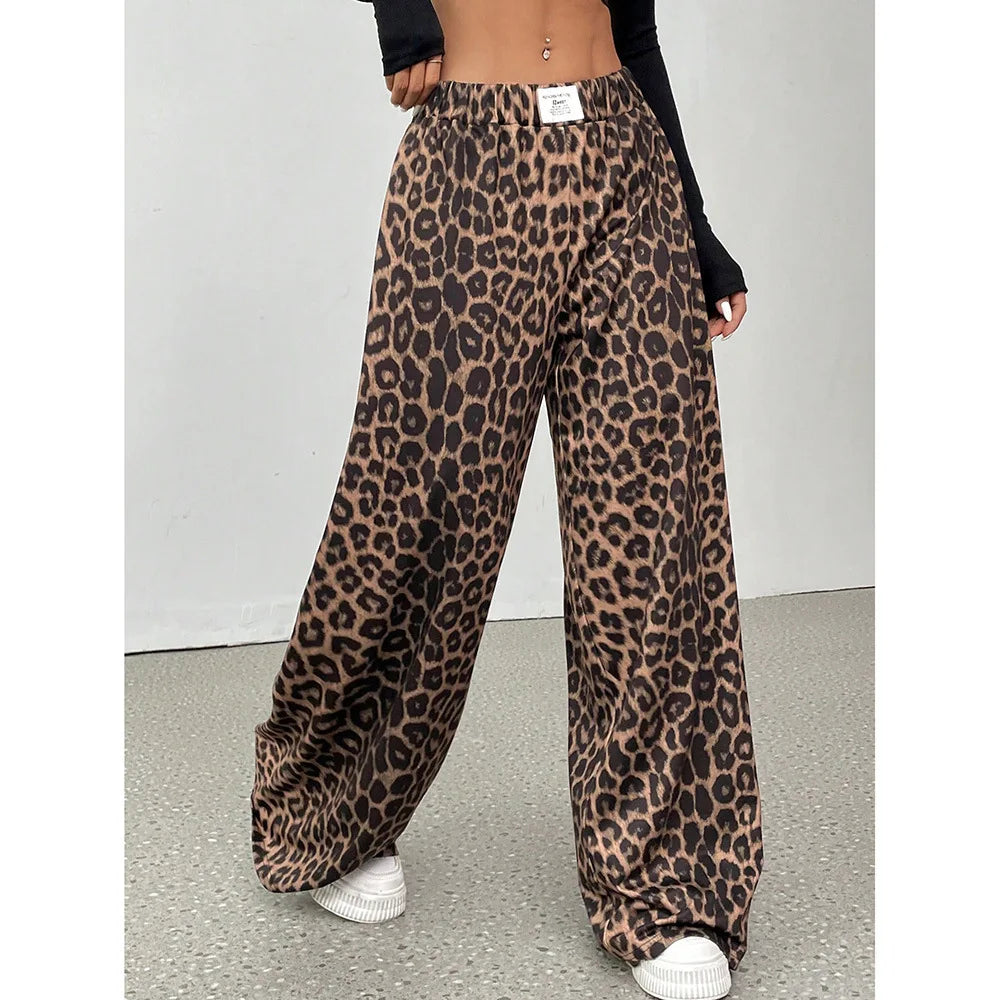 GG Women Leopard Print Wide Leg Pants Elastic High Waist Loose Casual Trousers Streetwear Y2K Fashion Long Palazzo Pants
