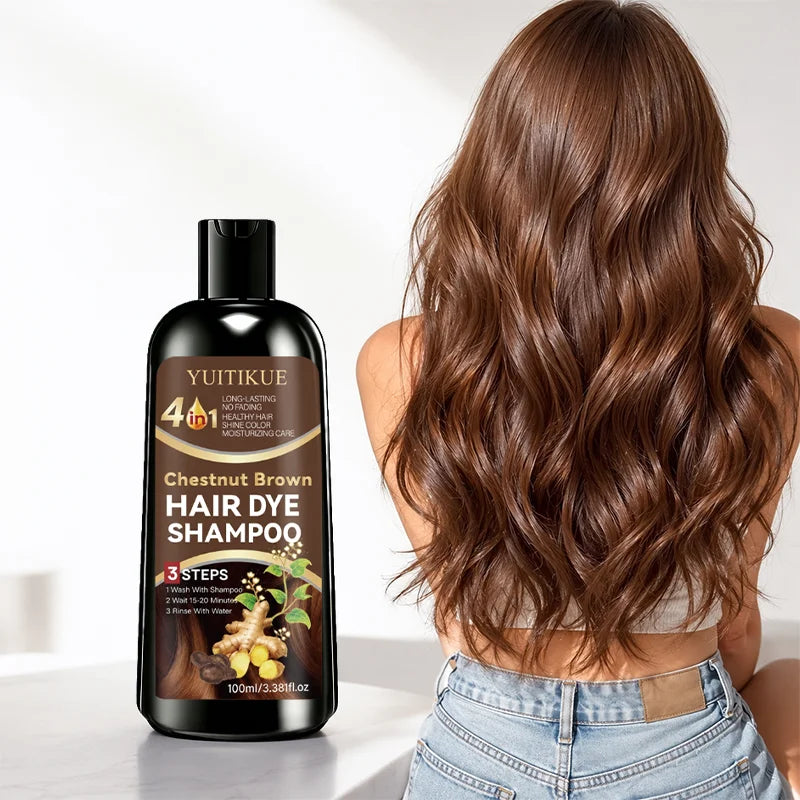 YUITIKUE 4 IN1 Chestnut Brown Hair Dye Shampoo Shine Color Moisturizing Care Long Lasting No Fading Healthy Hair 100ml