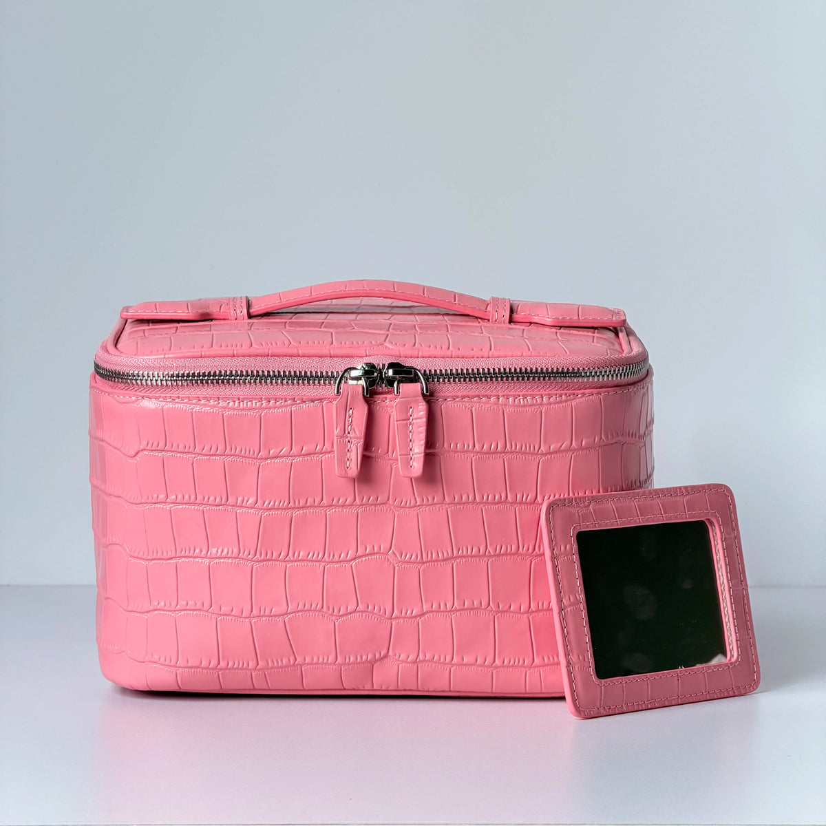 Pink Cowhide Crocodile Pattern Cosmetic Bag Luxury Large Capacity Genuine Leather Travel Toiletry Storage Portable Vanity Case