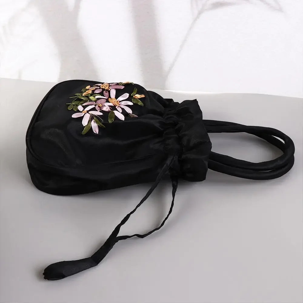 Retro Elegant Satin Silk Embroidery Totes for Women Floral Drawstring Handbag Hanfu Woman Purse Wallet Small Tote Bags
