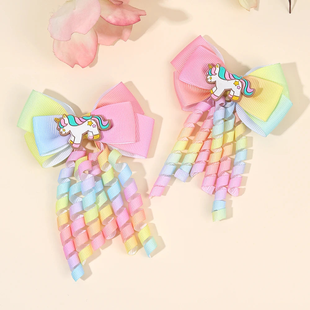 2Pcs Rainbow Unicorn Hair Clip Cute Curly Ribbon Tassel Magical Bow Hairpin For Kids Girls Party Daily Use Headwear Accessories