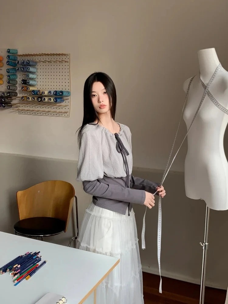CHEERART Fall 2025 Designer Patchwork Long Sleeve Top And Blouse Autumn Clothing Woman Drawstring Tie Neck Fashion Clothes
