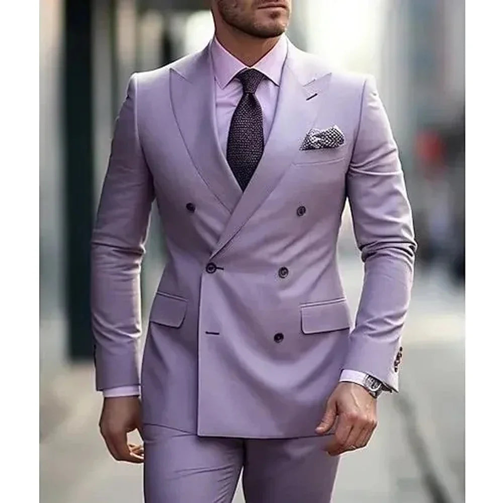 Men's Suits Solid 2 Pieces Plus Size Wedding Daily Business Formal Men Suits Tailored Silm Fit Double Breasted 6 Buttons