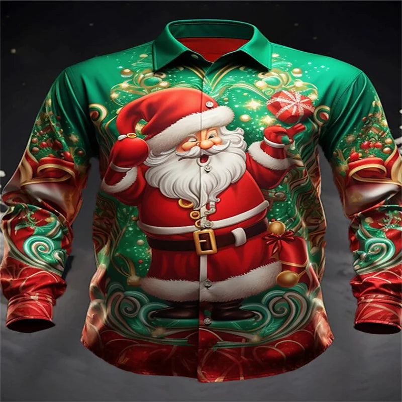 2024 Fashion Christmas Themed 3D Printed Men's Casual Long Sleeve Shirt Street Wear Party Size Shirt Santa Claus Hot Sale
