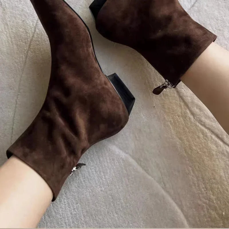 Autumn and Winter Retro Brown Ankle Boots Women Suede Warm Short Boots 2025 Trend Square Toe Low Heels Snow Boots Mujer Zapatos