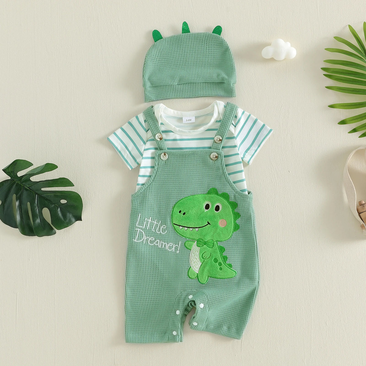 Citgeett Summer Infant Baby Boy Outfit Striped Short Sleeve Romper Cartoon Embroidered Overall Pants Hat Clothes Set