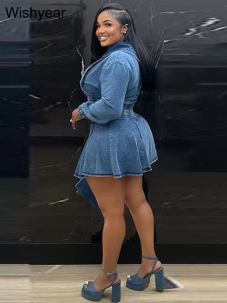 Vintage Wash Denim 2 Piece Sets Women Long Sleeve Hooded Crop Top and Pleated Skirts Suits Streetwear Matching Jeans Outfit 2025