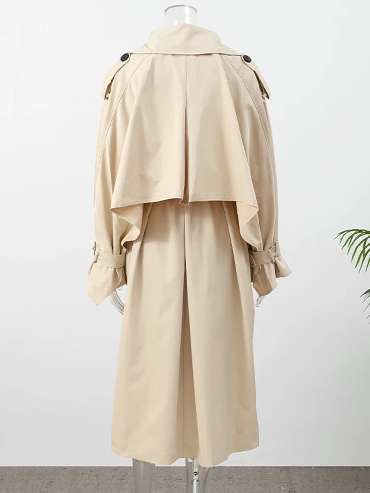 Khaki Lace Up Cape Trench Coat Loose Solid Full Sleeve Lapel Windbreaker 2026 Autumn New Fashion Commute Casual Daily Coats