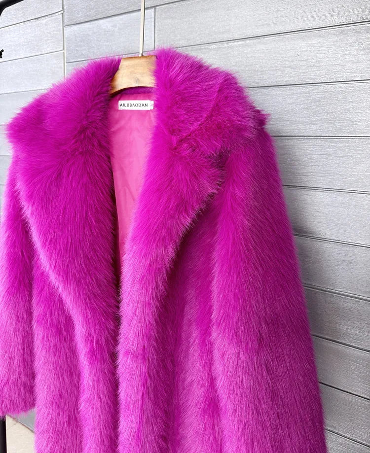 Long Faux Fur Coat Women Autumn Winter Large Jacket Overcoat White Turn Down Collar Pockets Thick Coat Warm Jackets Maxi Coats