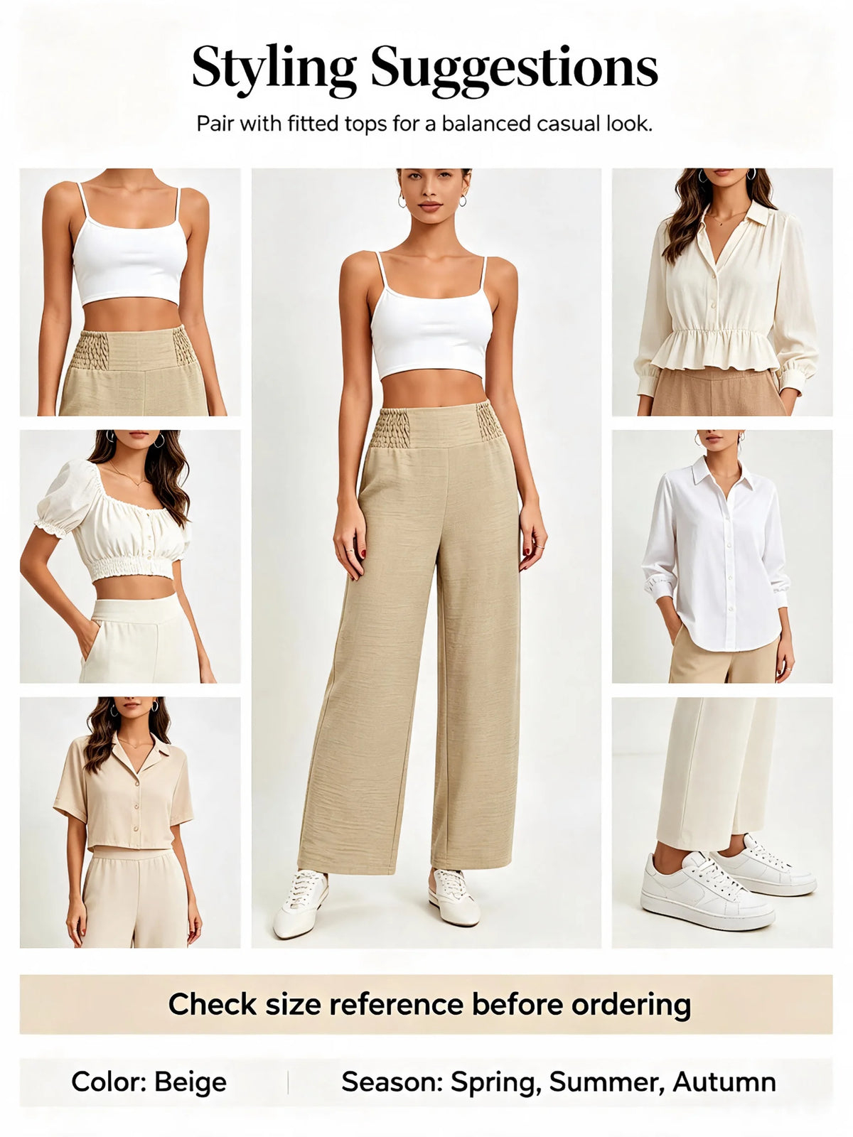 Women's High Waist Wide Leg Pants Elastic Waist Casual Loose Straight Leg Trousers for Daily Office Wear