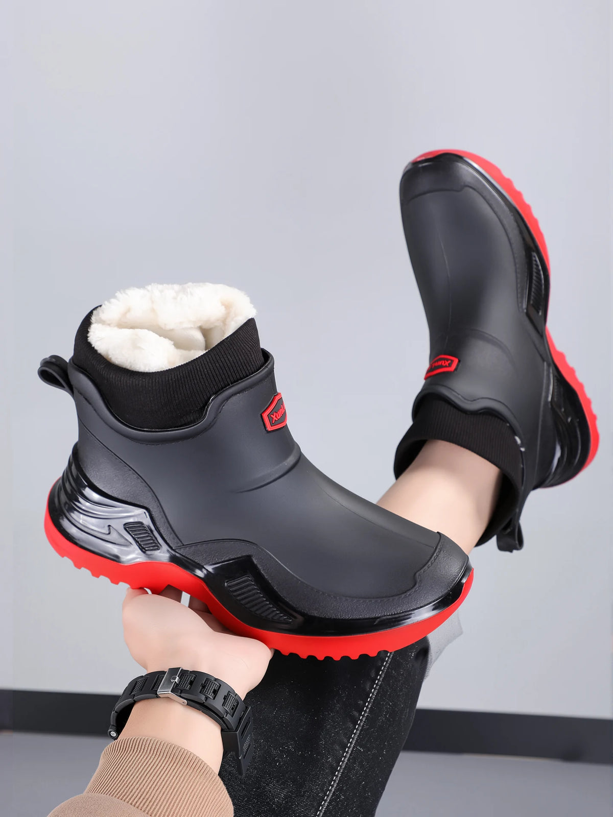 Men Women Winter Waterproof Rain Boots Fleece Warm Snow Sock Cuff Anti Slip Ankle Boots Outdoor Work Garden Shoes Size 36-46