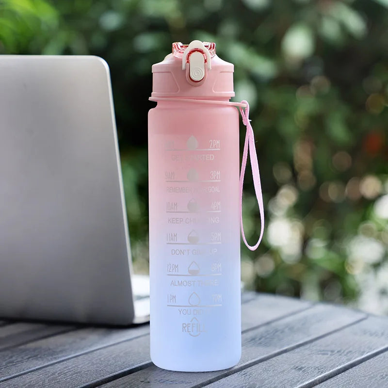 3Sizes Sports Water Bottle Gradient Color Motivational Bottle with Time Marker Leak-proof Cup Gym Outdoor Drinkware