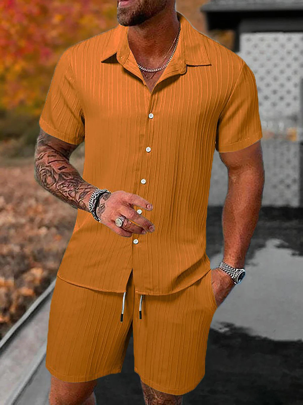 Lazy Street Style Vertical Stripe Slimming Shirt Shorts Two-piece Set No Need To Pair With Autumn Men's Thin Knit Sports Suit