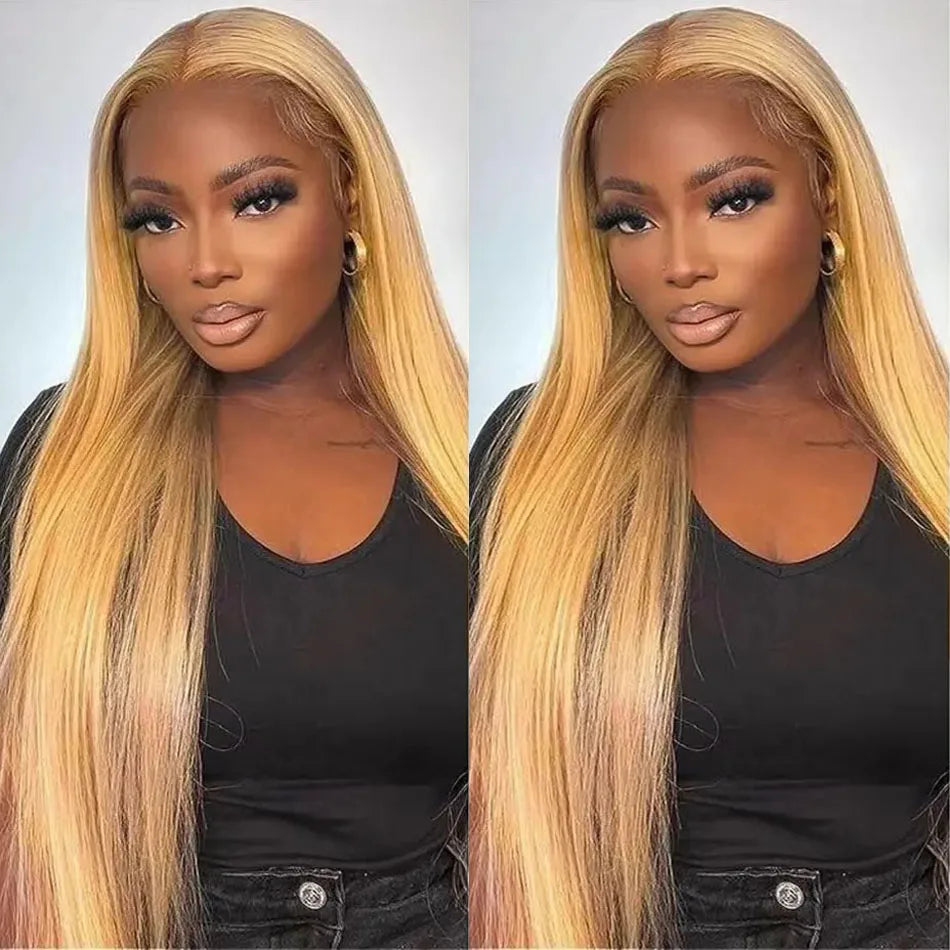 13x6 27# Honey Blonde Colored Human Hair Frontal Wigs Straight 200% 13x6 HD Transparent Lace Front Human Hair Wigs For Women