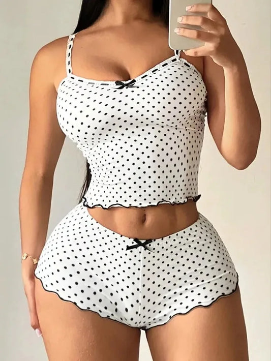 Summer Polka Dot Cami Top & Shorts Pajamas Set for Women's Sexy Sleepwear 2 Piece Set Casual Soft Lounge Wear