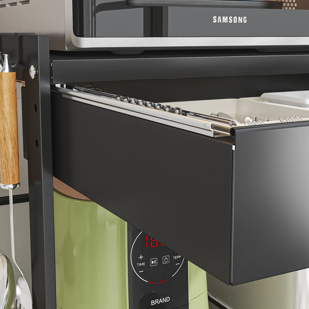 2 Tier Microwave Stand with Storage Drawer, Kitchen Countertop Organiser with Utensil Hooks, Storage Shelf for Oven & Air Fryer