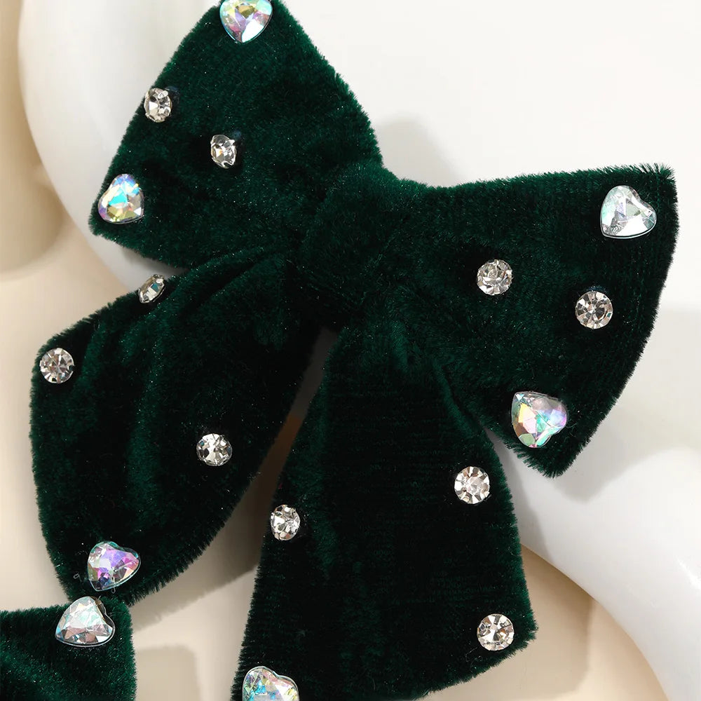 Velvet Bow Hair Clips with Heart Rhinestone Detail, 2-Pack