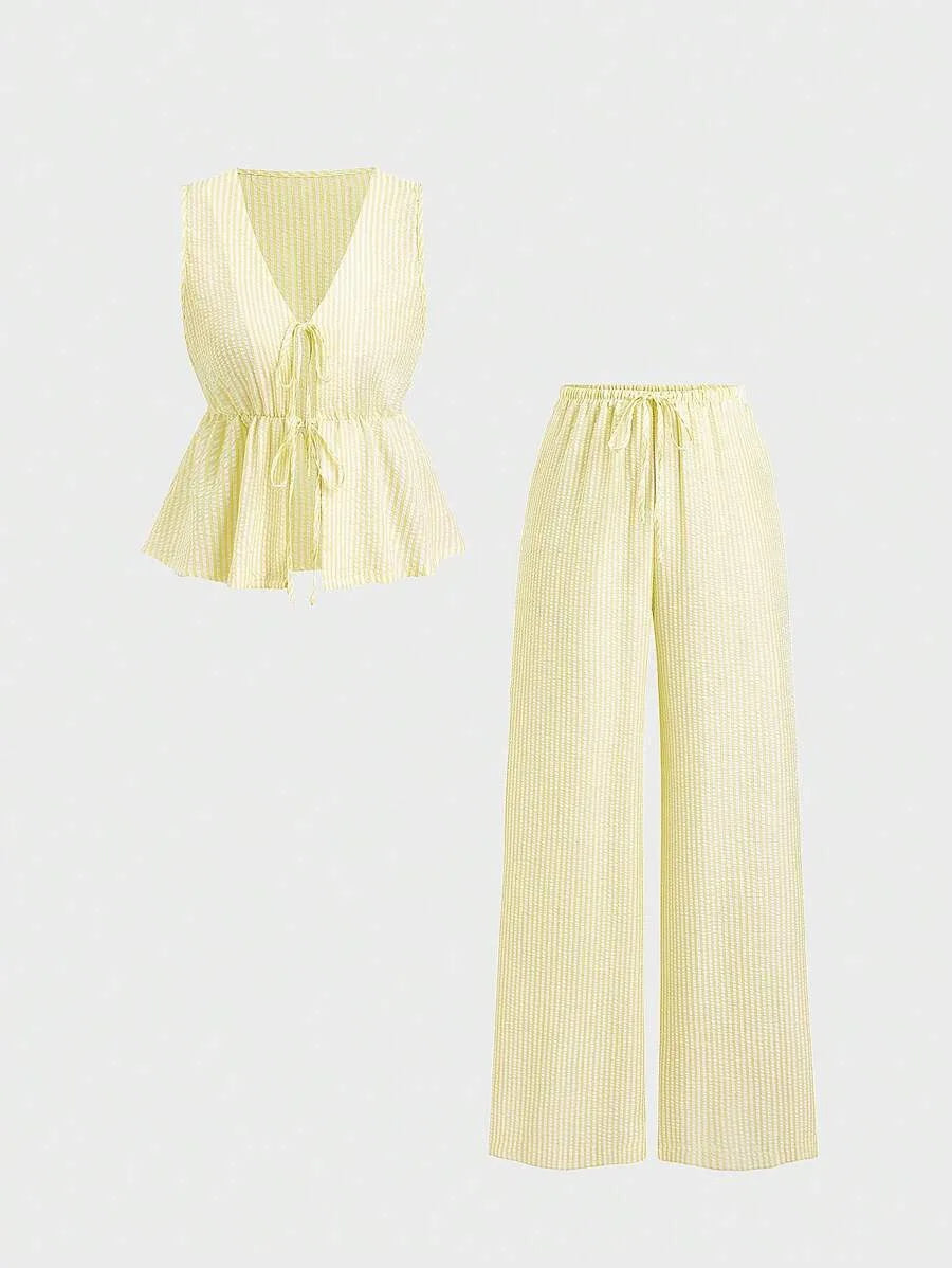 2026 European‑style Summer Solid‑Color Striped Outfit, Tie‑Strap Tank Top & Loose Trousers, Casual Sweet Two‑Piece Set