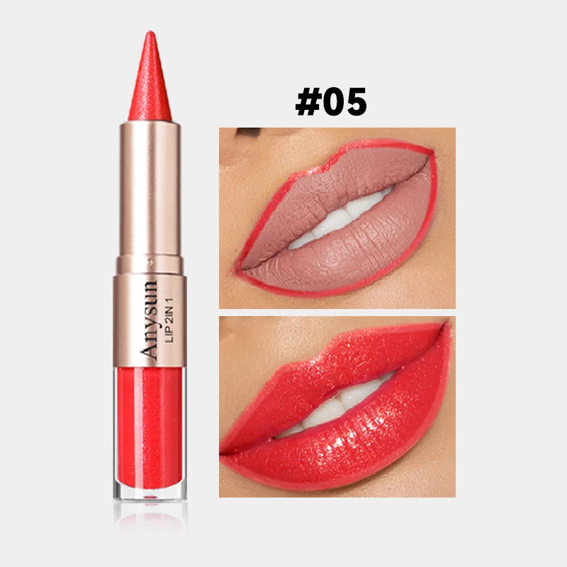 Double Head 2-in-1 Lip liner+Lip Gloss Waterproof and Durable Fine Shiny Mirror Gloss