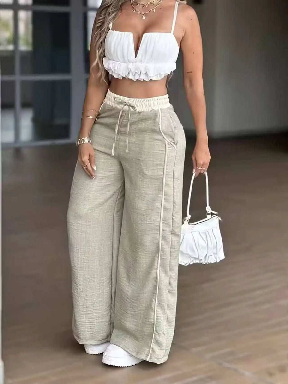 Women's Fashion Casual High Waist Straight Wide Leg Pants Color Block Patchwork Pockets