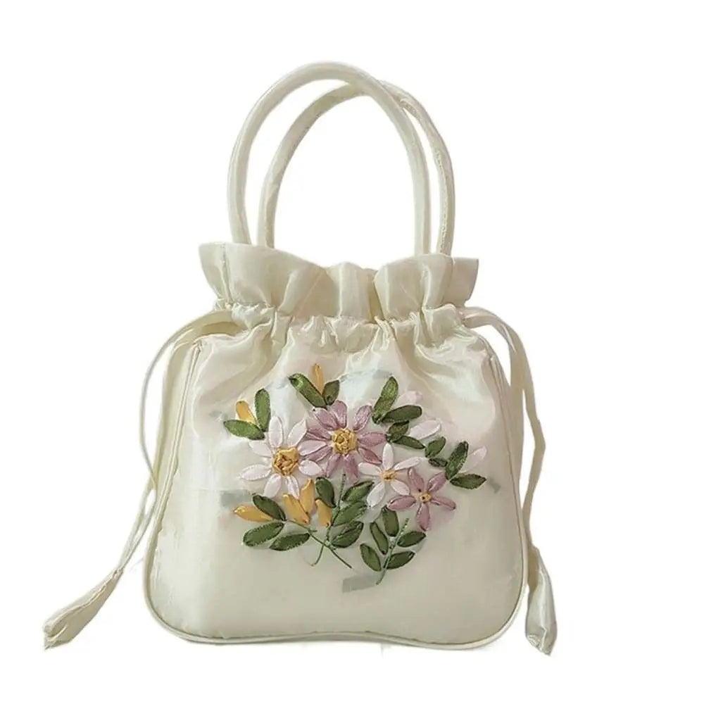 Retro Elegant Satin Silk Embroidery Totes for Women Floral Drawstring Handbag Hanfu Woman Purse Wallet Small Tote Bags