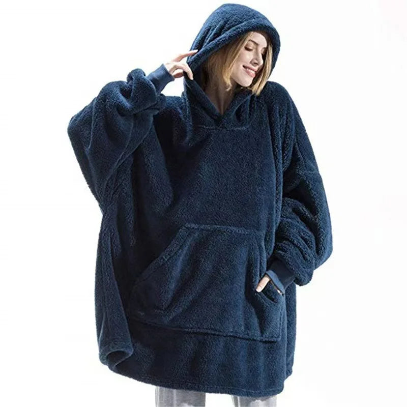 Autumn Winter Men Women Double Sided Velvet Hoodie Thick Coat Can Wear Blanket Couple's New Home Loose Hooded For Male Clothes