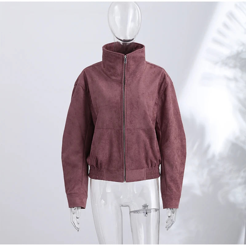 Women Dusty Faux Suede Bomber Jacket Stand Collar Zip Up Loose Drop Shoulder Elastic Hem Casual Fall Outerwear 2026 Fashion Coat