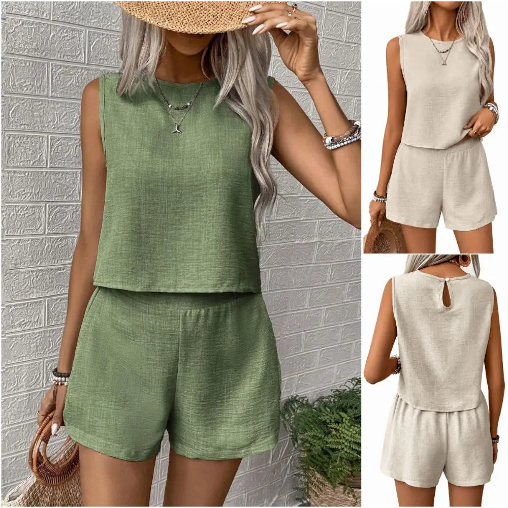 Fashion Solid Color Vest Shorts Set Simple Design Multi-size Casual Outfit Set Sleeveless Top Set Casual Wear
