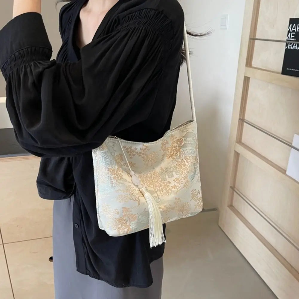 New Chinese Style Shoulder Bag Retro Portable Women Handbags Large Capacity Gift Messenger Bag Commuting Bag Bucket Bag