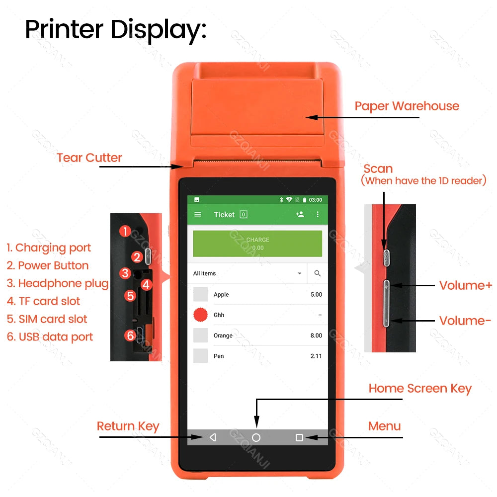 Handheld Android POS PDA Terminal 58mm Receipt Bill Thermal Printer All In One with NFC Camera 1D 2D Barcode Reader Optional